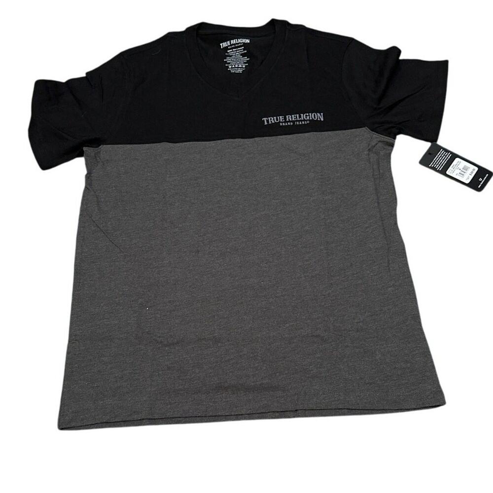 True Religion Men's V-Neck T-Shirt Black Grey Colorblock Logo Graphic Tee Size L